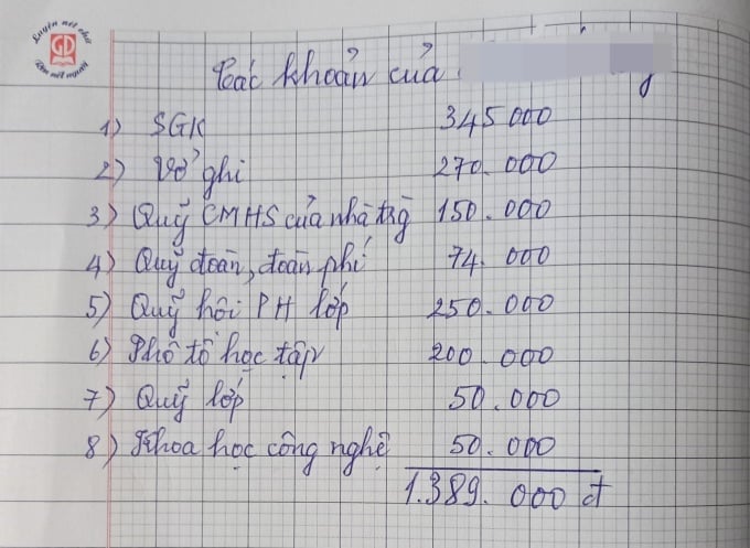 The contributions of Ms. Hang's son at the beginning of the school year, recorded by his mother. Photo: Character provided