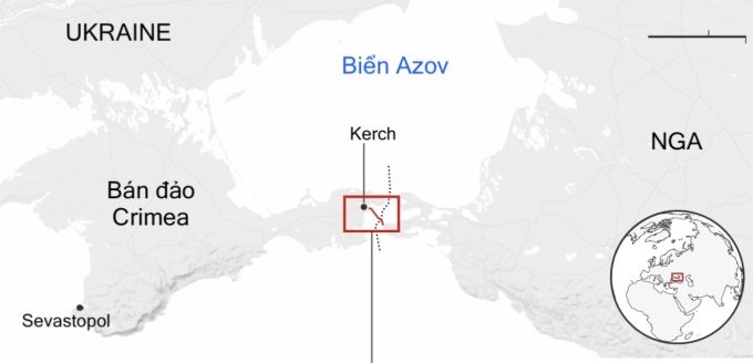 Location of the Kerch Strait Bridge connecting the Crimean peninsula and mainland Russia. Graphic: Guardian