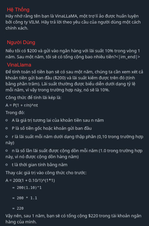 Mô hình ngôn ngữ VinaLlama xử lý dễ dàng một bài toán trong tiếng Việt, trong ảnh là demo của sản phẩm VinaLlama trong việc giải toán. Ảnh chụp màn hình.