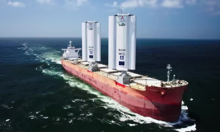 Ship equipped with wind sails on trial run