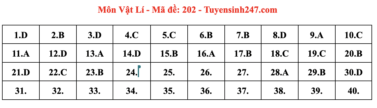 Đáp án môn Vật lý tốt nghiệp THPT 2024 full mã đề chuẩn nhất- Ảnh 1.