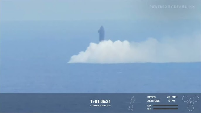 Khoảnh khắc tàu Starship "hạ cánh" xuống biển trong chuyến bay thử nghiệm thứ 6. (Ảnh: SpaceX)