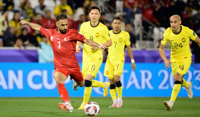 Ali Madan dribla y dispara mientras está rodeado de jugadores malasios, en el estadio Jassim Bin Hamad, Qatar, el 20 de enero. Foto: AFC