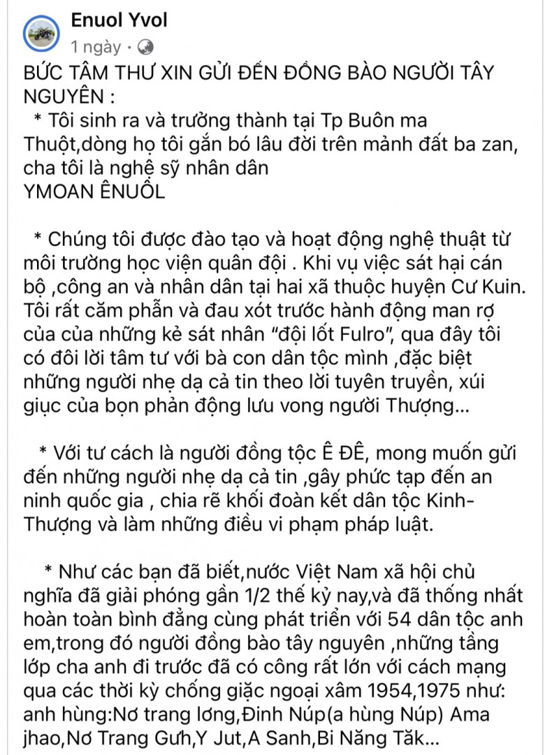 Bức thư khuyên đồng bài Tây Nguyên đang lan truyền trên mạng của ai? - Ảnh 1.