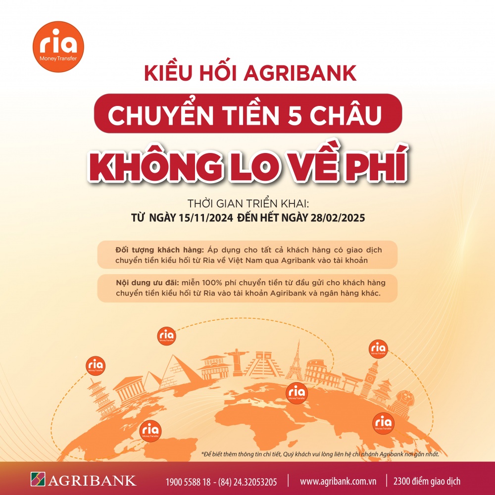 Free Ria remittance transfer to Vietnam at Agribank