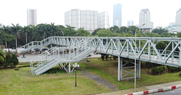 芝生までまっすぐに続く道がある奇妙な歩道橋