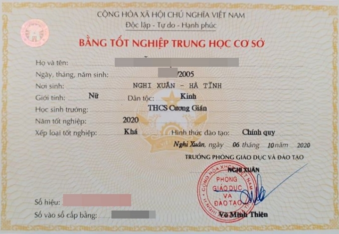 Bằng tốt nghiệp THCS của học sinh năm 2020, dòng cuối có ghi xếp loại tốt nghiệp. Ảnh: Website THCS Cương Gián, Hà Tĩnh