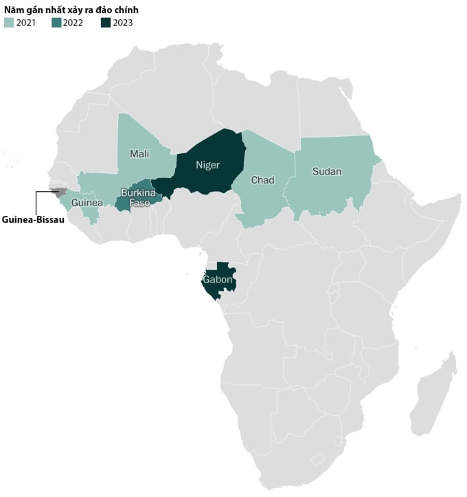Guinea và các quốc gia châu Phi xảy ra đảo chính gần đây. Đồ họa: WP