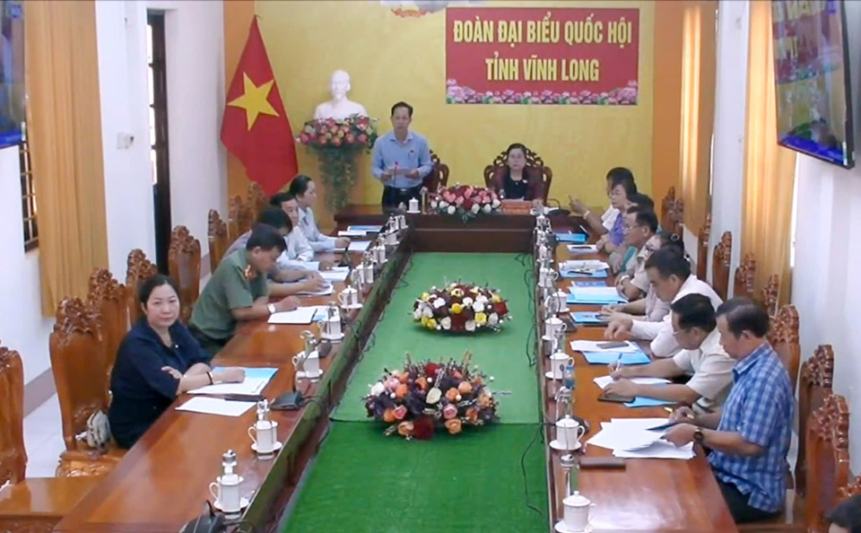 Delegierter Trinh Minh Binh stellte an der Brücke der Provinz Vinh Long Fragen. Foto: Quochoi.vn