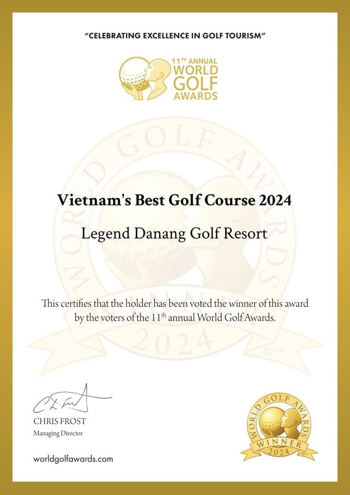 Certificat du meilleur parcours de golf au Vietnam 2024 décerné par les World Golf Awards au Legend Danang Golf Resort.