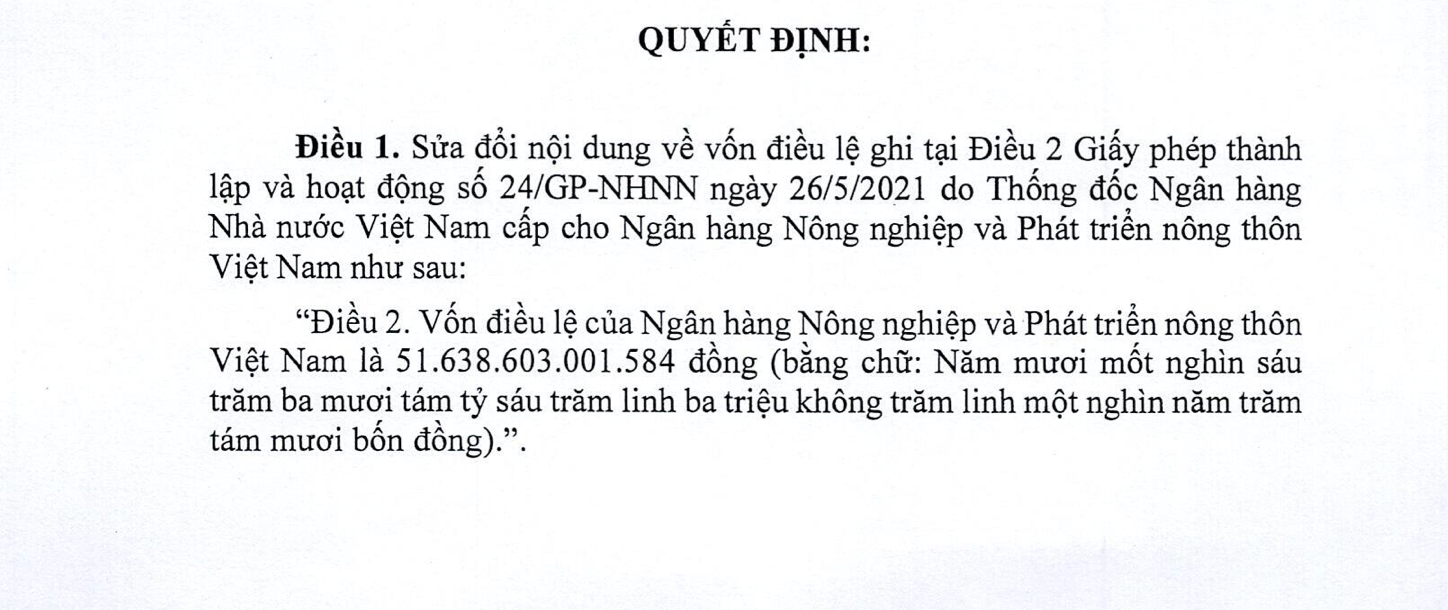 Agribank chính thức tăng vốn điều lệ lên gần 52.000 tỷ đồng- Ảnh 1.