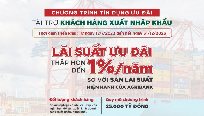 Agribank dành 25.000 tỷ đồng ưu đãi lãi suất tài trợ khách hàng xuất, nhập khẩu năm 2023