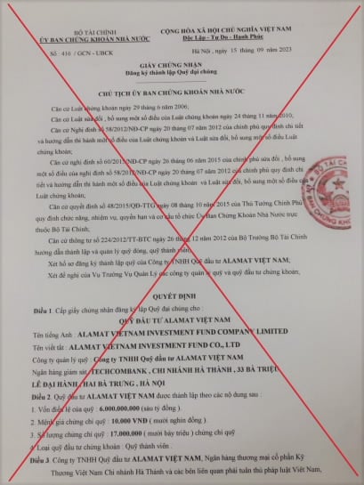 La Commission des valeurs mobilières de l'État ne délivre pas de certificat d'enregistrement pour établir un bureau de représentation pour Alamat Vietnam, image 1.