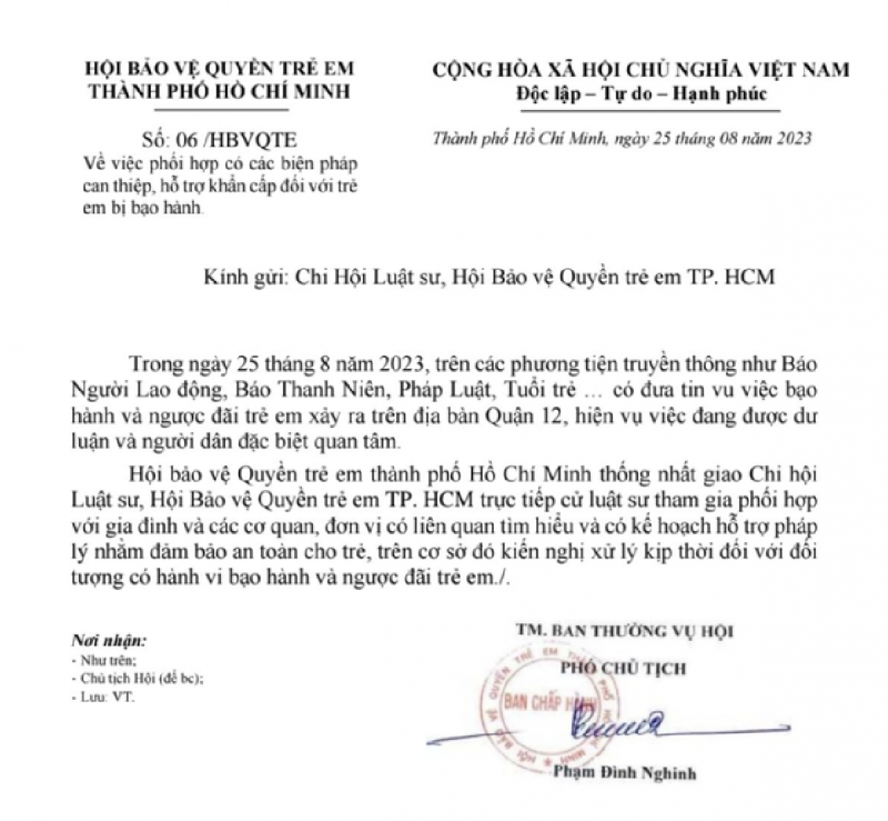 La Asociación para la Protección de los Derechos del Niño de Ciudad Ho Chi Minh interviene en el caso de una mujer que abusa de un niño de 8 años.