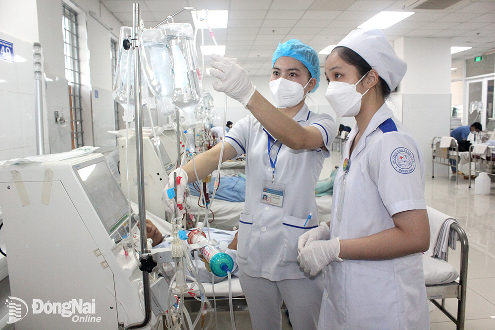 Les infirmières du département de rein artificiel de l'hôpital général de Thong Nhat enseignent aux étudiants du Dong Nai Medical College comment réaliser certaines techniques professionnelles.