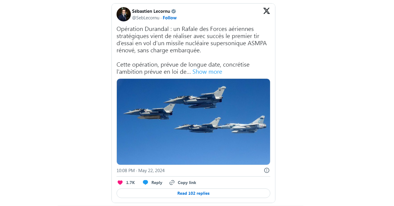 Monde - La France a testé avec succès le missile hypersonique à tête nucléaire ASMPA-R