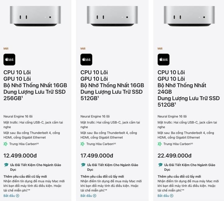 Macmini M4の推奨価格は1,490万VNDで、Apple Store for Educationから購入するとさらに200万VND以上の割引が受けられます。 (スクリーンショット)