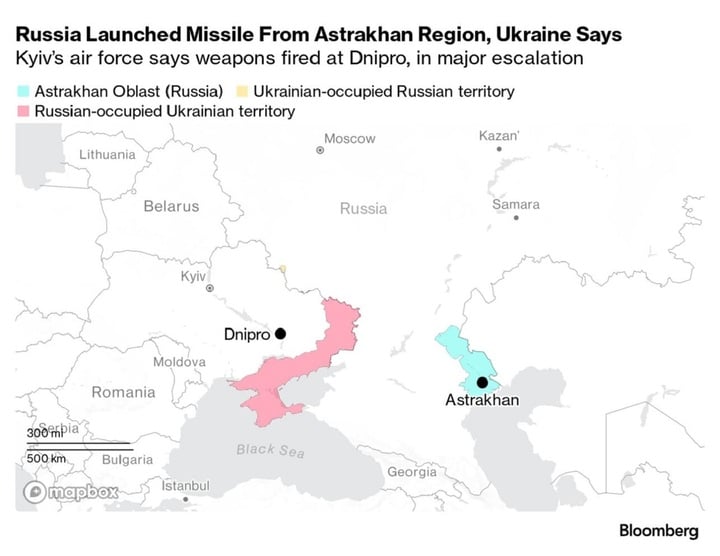 Vị trí Nga phóng tên lửa Oreshnik từ vùng Astrakhan cách mục tiêu ở Dnipro hơn 1.00km. (Ảnh: Bloomberg)