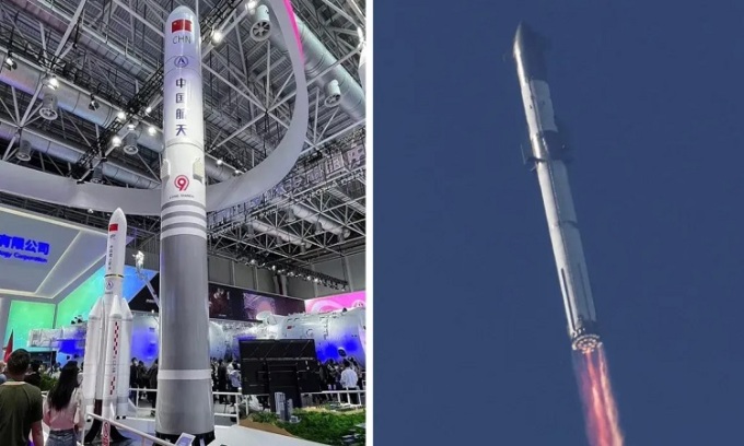 最初の打ち上げ試験中の長征9号ロケット（左）とスターシップ打ち上げシステム（右）の模型。写真：Interesting Engineering