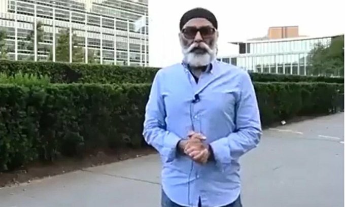 Gurpatwant Singh Pannun appeared in a video posted in June, standing in front of the United Nations headquarters in New York, accusing the Indian government of being involved in the death of a Sikh cleric in Canada. Photo: Times of India