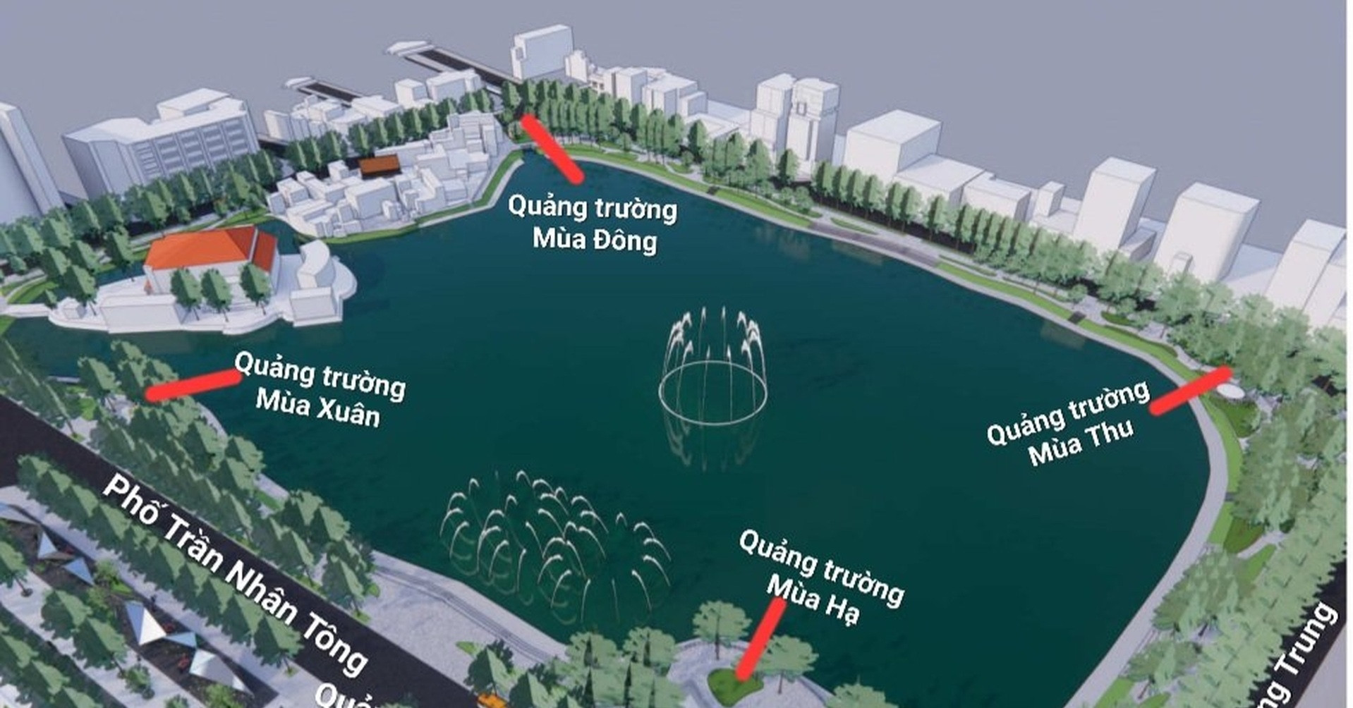 ¿Cómo afectan los 5 cuadrados a la superficie del agua y a los árboles del lago Thien Quang?