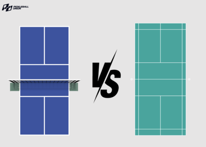 Sân pickleball (trái) khá giống sân cầu lông (phải).