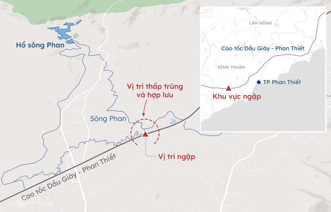 Vị trí xảy ra ngập trên cao tốc Dầu Giây - Phan Thiết. Đồ họa:Khánh Hoàng