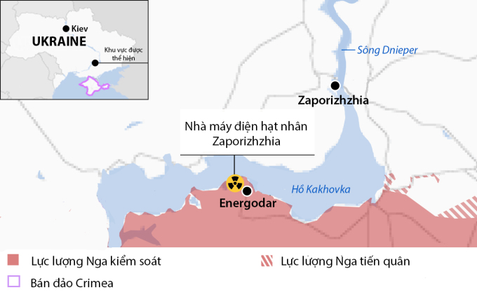 Standort des Kernkraftwerks Saporischschja und der Stadt Energodar in der Südukraine. Grafik: BBC