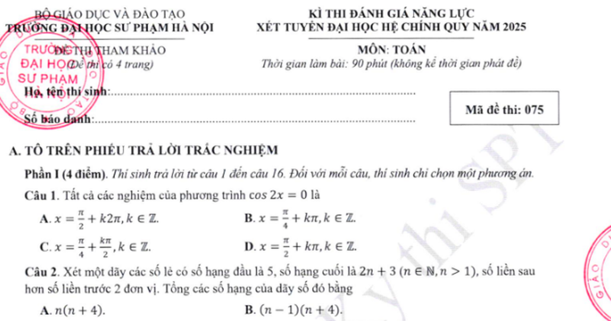 Trường ĐH Sư phạm Hà Nội công bố đề thi tham khảo SPT 2025