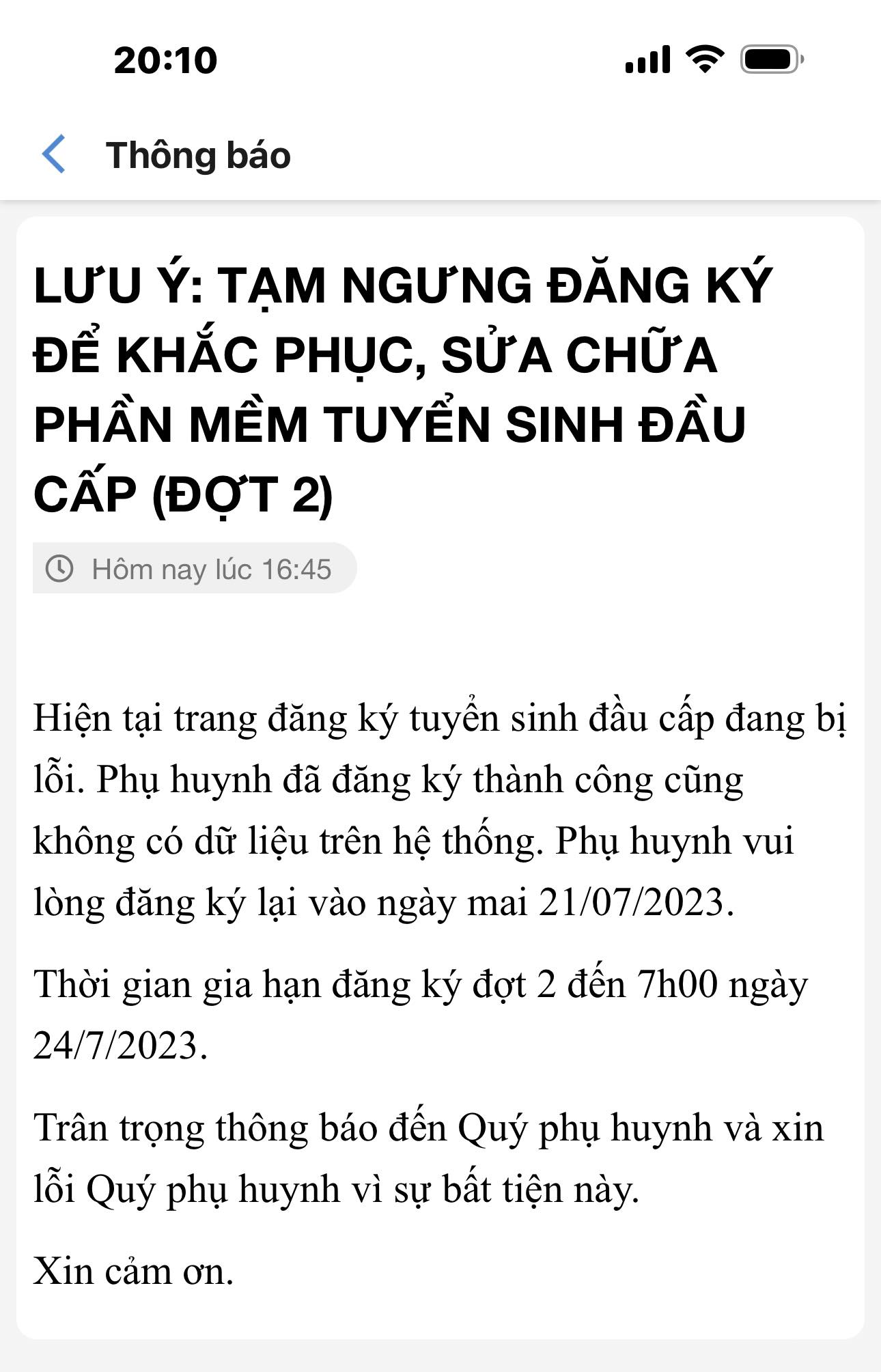 Hệ thống tuyển sinh đầu cấp bị lỗi, Quận 1 gia hạn thời hạn đăng ký - Ảnh 1.