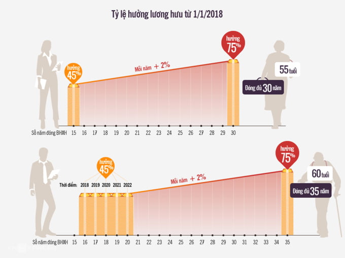 The pension rates of male and female workers are based on the number of years of social insurance contributions according to current law. Graphics: Tien Thanh