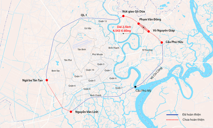 La route de liaison Vo Nguyen Giap - Pham Van Dong est l'une des quatre sections non fermées de la Ring Road 2 de Ho Chi Minh-Ville. Graphismes : Dang Hieu