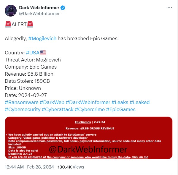 Tin tặc tuyên bố đã đánh cắp gần 200GB dữ liệu nội bộ từ Epic Games- Ảnh 1.