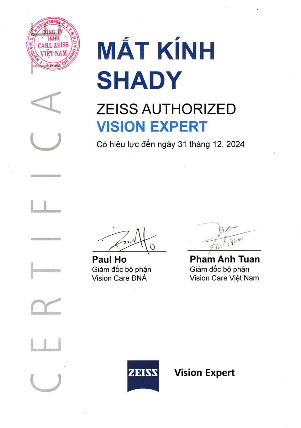 Certificat de revendeur de niveau expert Zeiss.