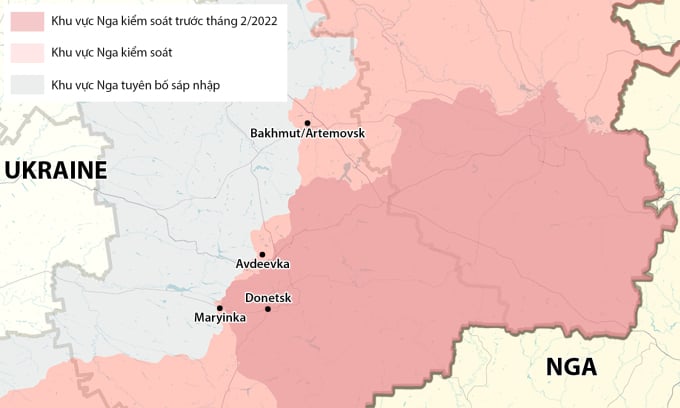 Vị trí thành phố Avdeevka và các thành trì do Nga kiểm soát tại Donetsk. Đồ họa: RYV
