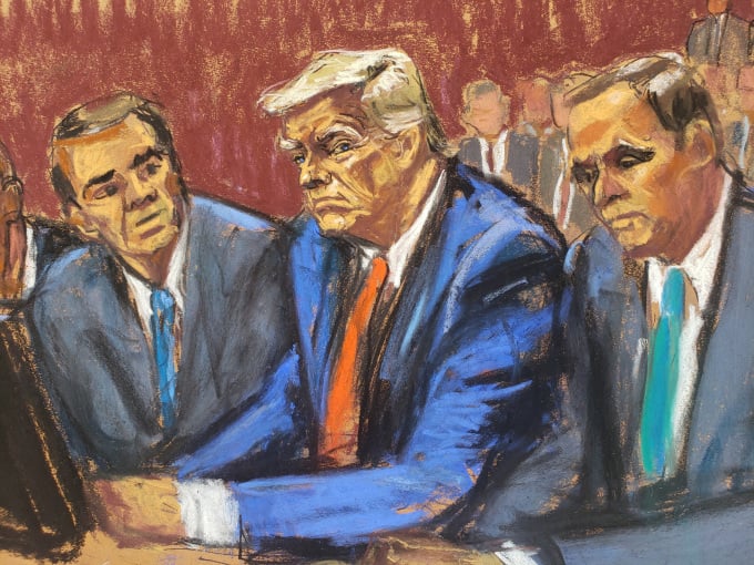 Mr. Donald Trump (center) with two lawyers Chris Kise and Todd Blanche in a sketch of the impeachment hearing at the federal court in Miami, Florida on June 13. Photo: Reuters