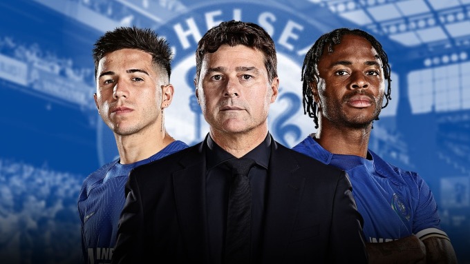 Pochettino (giữa) cùng Enzo Fernandez (trái) và Raheem Sterling (phải) đang mang lại những chuyển biến tích cực cho Chelsea. Ảnh: Sky Sports