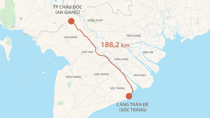 Hướng tuyến cao tốc Châu Đốc - Cần Thơ - Sóc Trăng. Đồ họa:Thanh Huyền