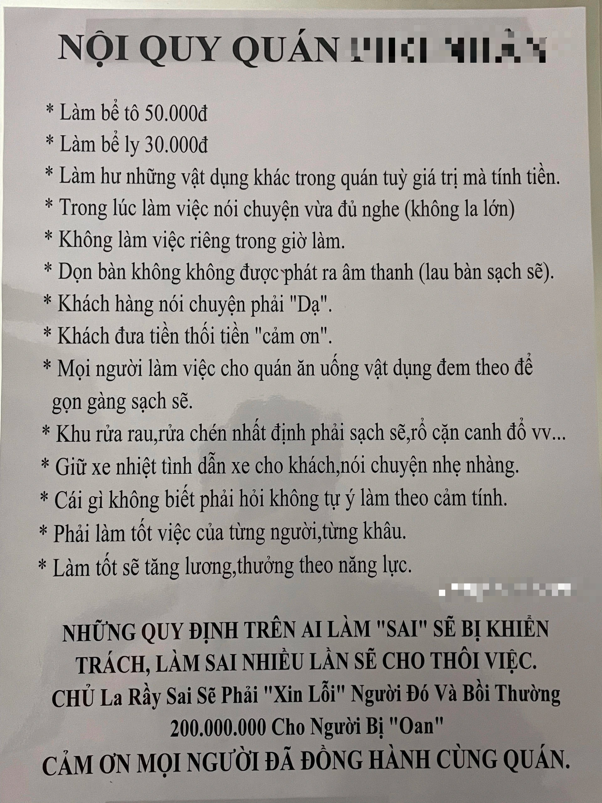 Sự thật bảng nội quy chủ quán phở đền 200 triệu đồng nếu trách oan nhân viên- Ảnh 1.