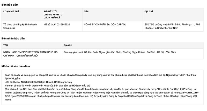 Giao dịch đảm bảo hé lộ mục đích phát hành lô trái phiếu của Sài Gòn Capital. Ảnh: Chụp màn hình.