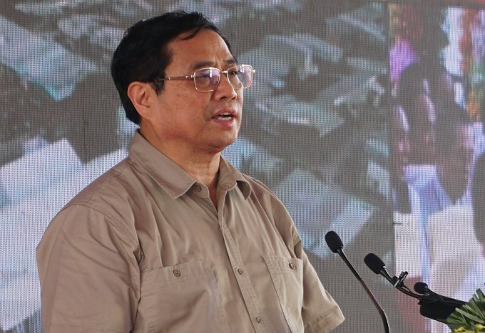 Thủ tướng Phạm Minh Chính phát biểu tại lễ khởi công cao tốc Châu Đốc - Cần Thơ - Sóc Trăng. Ảnh: Ngọc Tài