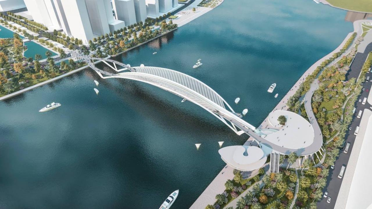 The pedestrian bridge across the Saigon River is shaped like a water coconut leaf. Photo: Consulting Joint Venture