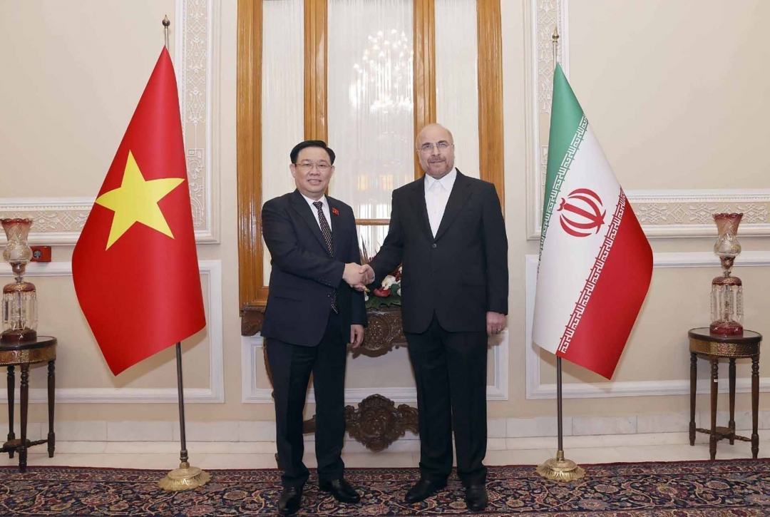 Le président du Parlement iranien, Mohammad Bagher Ghalibaf, et le président de l'Assemblée nationale, Vuong Dinh Hue. Photo : VNA