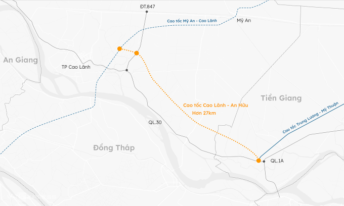 Hướng tuyến cao tốc An Hữu - Cao Lãnh. Đồ hoạ: Quang Hiếu