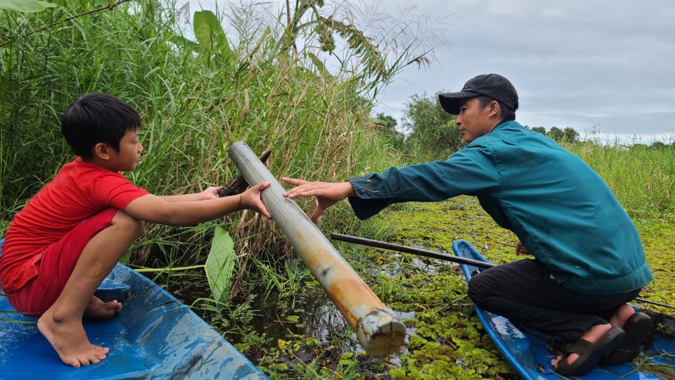 Découvrez la pose de pièges pour attraper des anguilles dans la forêt d'U Minh, dans la zone touristique de Muoi Ngọt Tran Van Thoi, à Ca Mau (Hoang Nam).