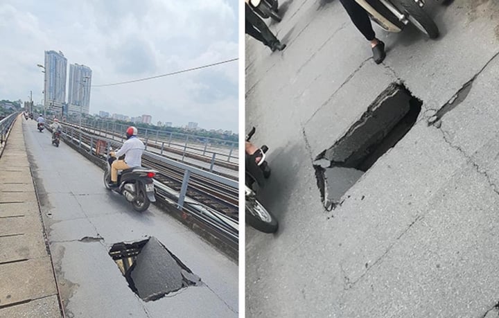 A large hole appeared on the Long Bien bridge in May 2022.