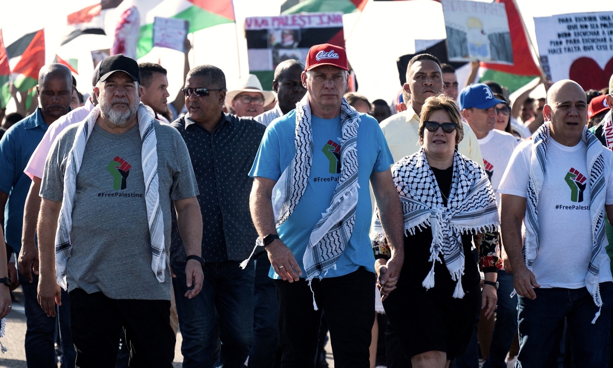 Presidente cubano encabeza marcha pro palestina