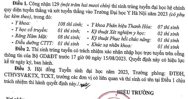 Thí sinh trúng tuyển diện tuyển thẳng chỉ chính thức trúng tuyển khi nhập học