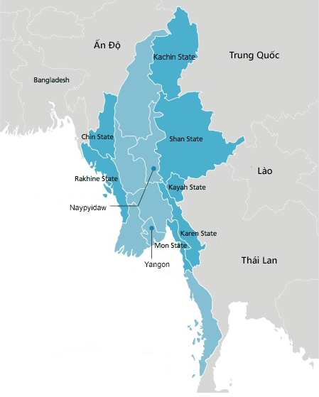 Ubicación de los estados de Shan, Rakhine y Kayin (escrito alternativamente Karen). Gráficos: JWP