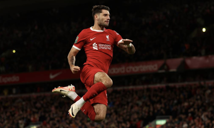 Dominik Szoboszlai celebrates making it 2-1 for Liverpool. Photo: LFC